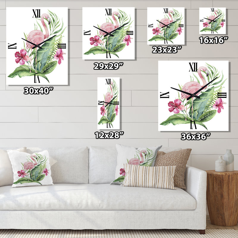 Horloge murale flamant rose avec feuillage exotique et fleurs, Très grand