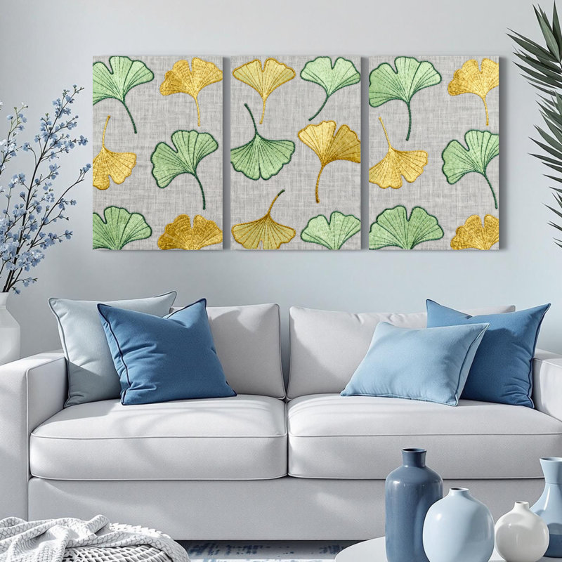 «Ginkgo Leaf», brodé sur toile, impression botanique moderne (ensemble de 3), H 36 po x l 72 po