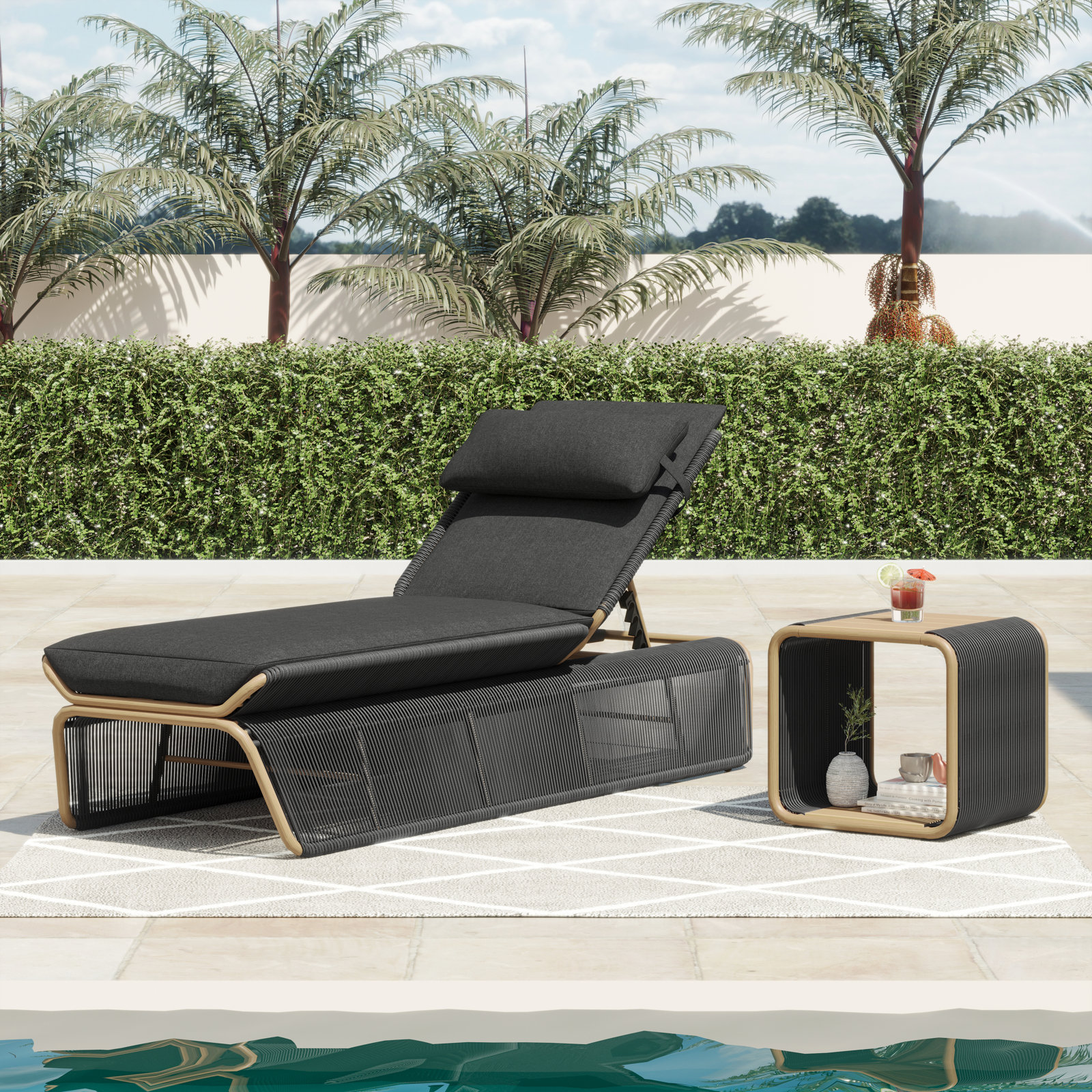 Harper 26.38'' Outdoor Chaise Lounge with Table, Spectrum Carbon, Dark Gray