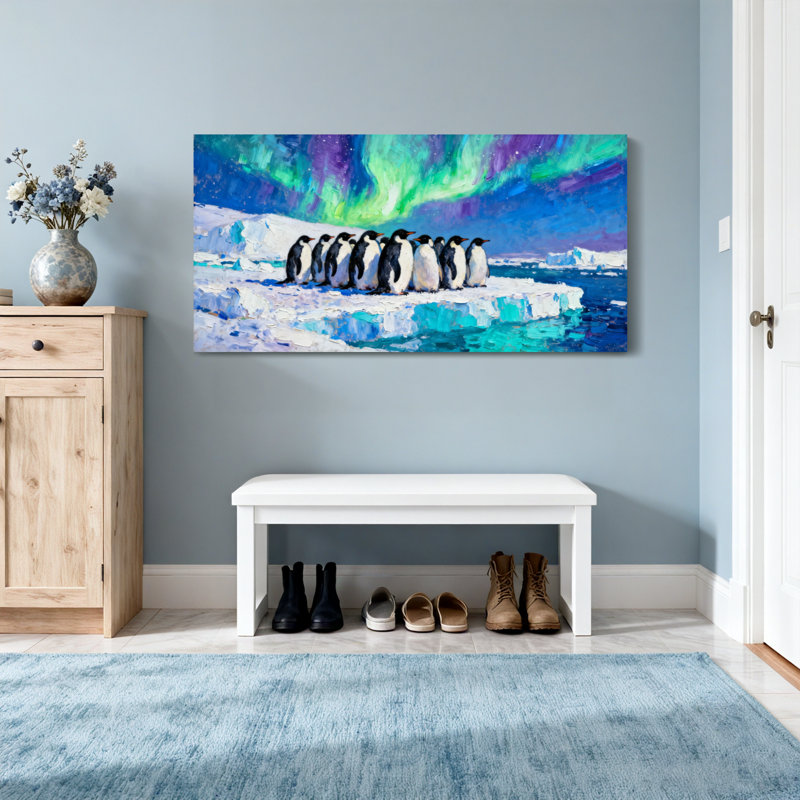 Animaux pingouins debout sur la glace sous l'aurore, H 24 po x l 48 po