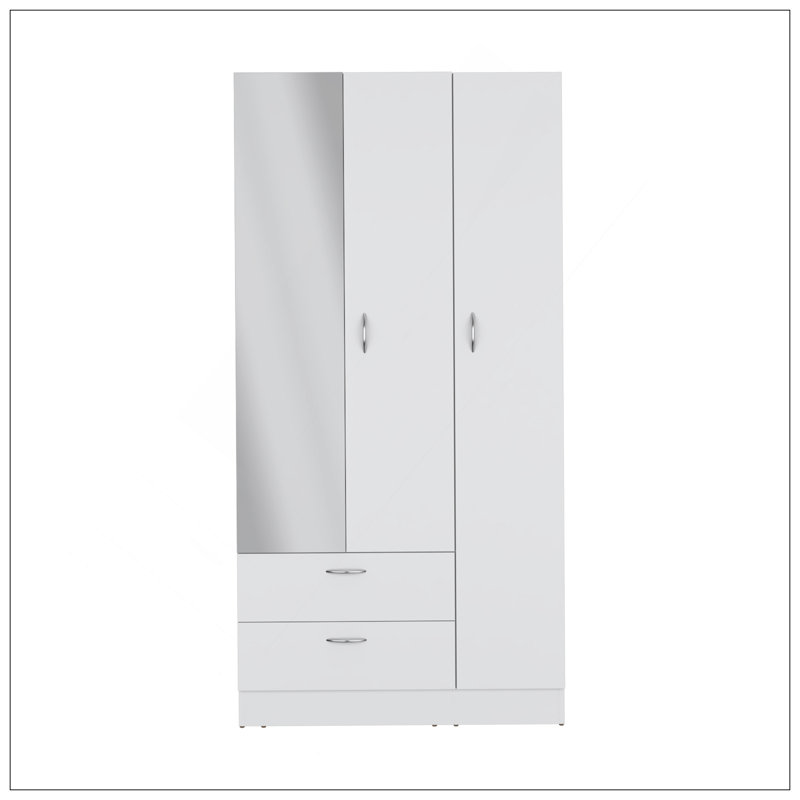 Armoire à miroir 3 portes Riverside avec deux tiroirs, quatre tablettes et une tringle, Blanc