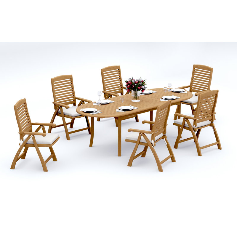 8 Seats 9 Pcs Grade-A Teak Wood Dining Set: 94" Double Extension Oval Table And 8 Ashely Folding Reclining Arm Chairs #11AS2208