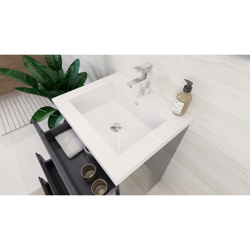 Meuble-lavabo autoportant Rheana 24 po avec évier en acrylique renforcé, Gris à haute brillance
