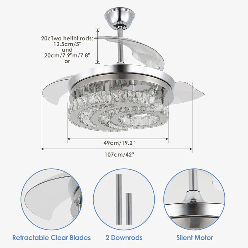 42" Dimmable Fandelier Led Crystal Chandelier Ceiling Fans With Lights And Remote Moon Shape Retractable Chandelier Ceiling Fan For Bedroom Living Room Dining Room