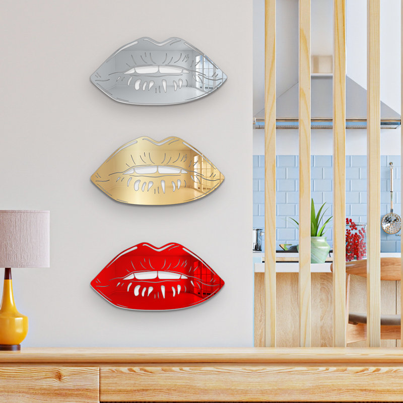 Décoration murale miroir à lèvres, H 10 po x l 19 po x P 1 po, Argent / or / rouge