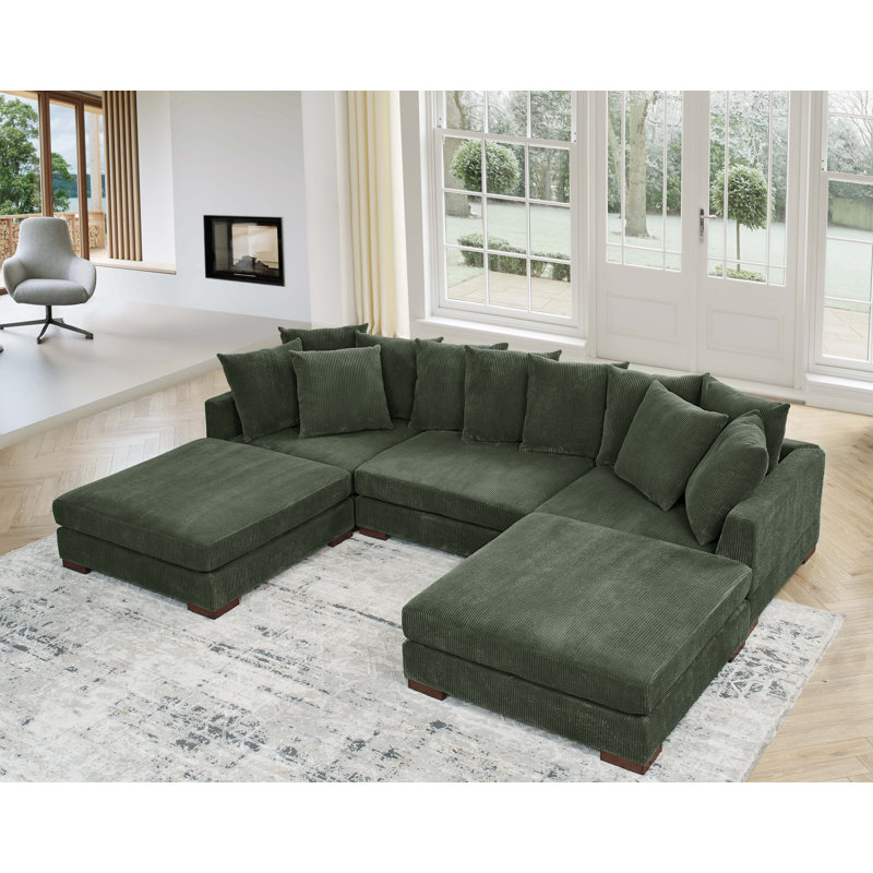 Canapé modulaire rembourré 5 pièces Blondun, Velours côtelé vert forêt