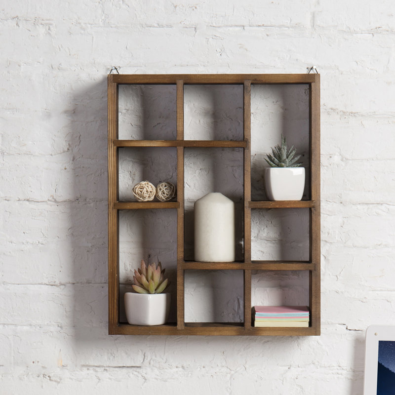 9 Piece Pine Solid Wood Floating Shelf, Brown