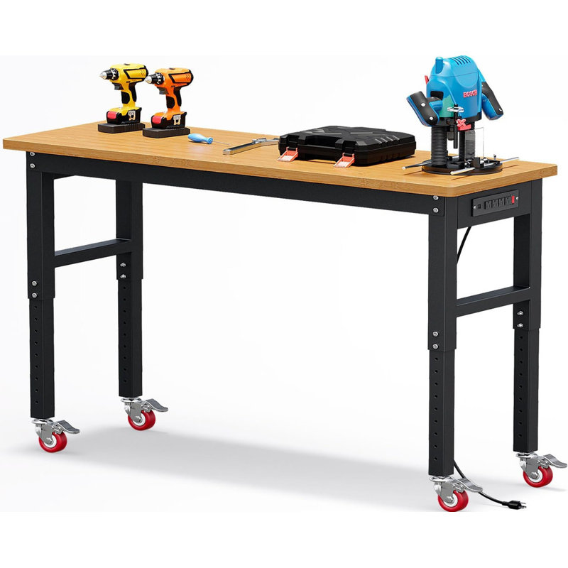 Établi robuste 60 po, capacité de travail de 2 200 lb, table de travail à hauteur réglable avec prises de courant