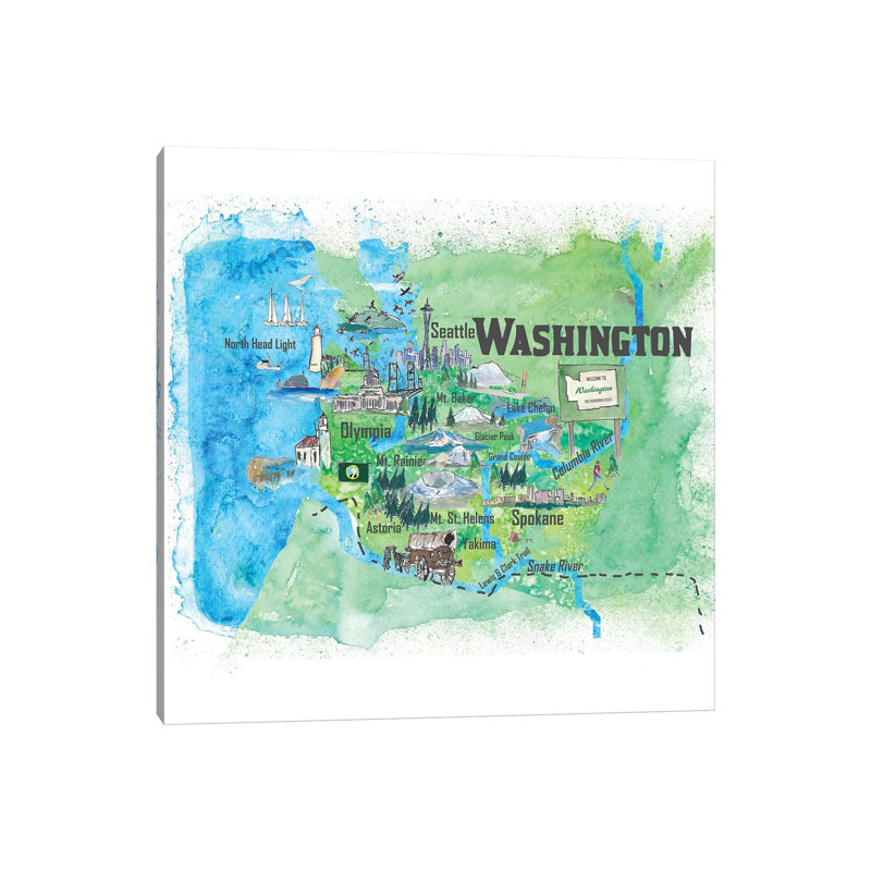 USA, Washington Illustrated Travel 1 Piece Wrapped Canvas Wall Art, 93.98 cm H x 93.98 cm W x 3.175 cm D