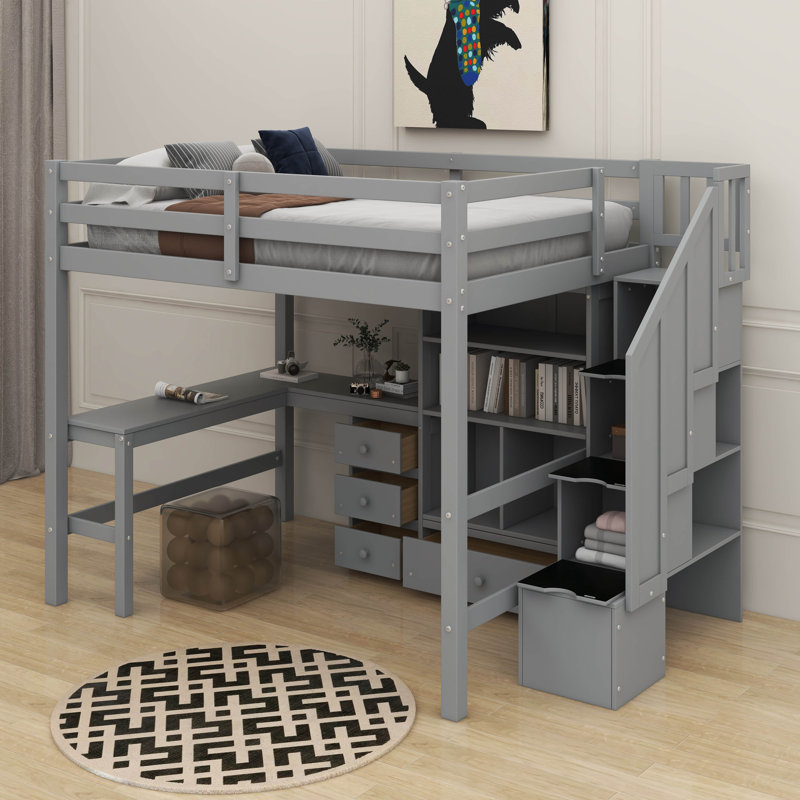 Lit mezzanine double avec bureau et tiroirs, Gris