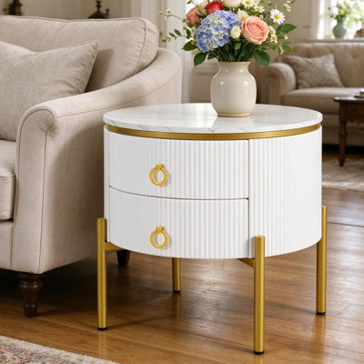 Side Table, Coffee Table with Drawers, Marble Texture Top
