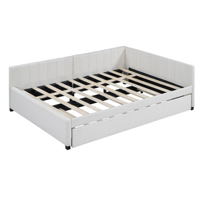 Full Size Upholstered Daybed with Trundle Sofa Bed Frame No Box Spring Needed, Linen Fabric