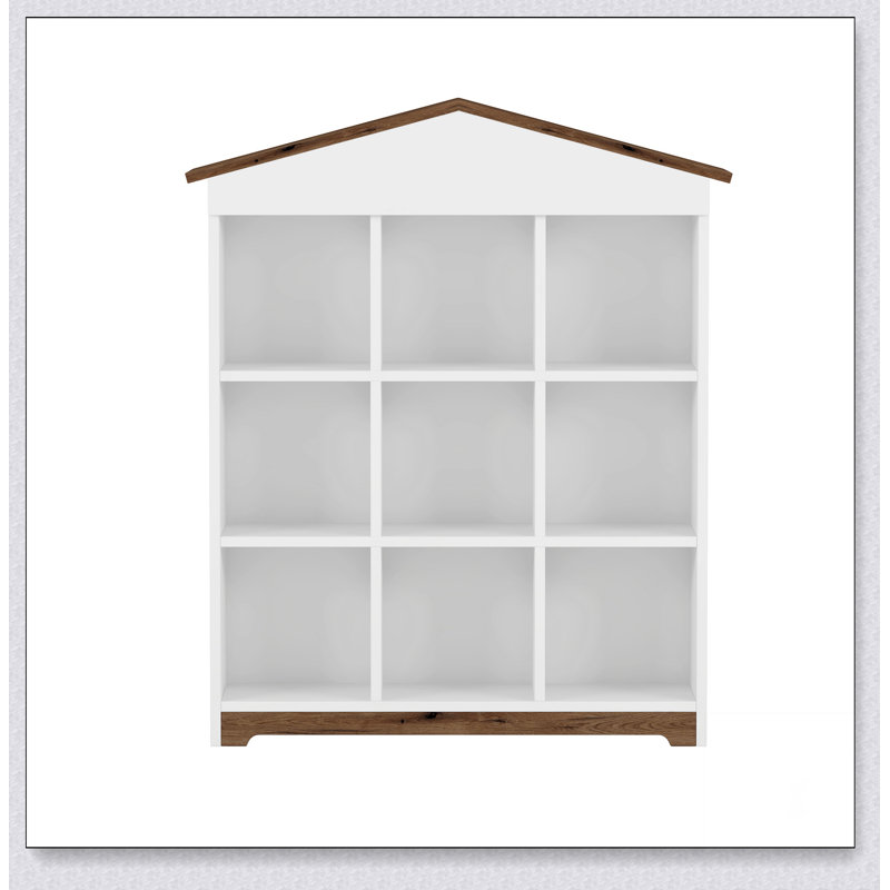 House-shaped Storage Rack with Nine Storage Compartments, Three-layer Storage Shelf with Colorblock Design, Brown/White