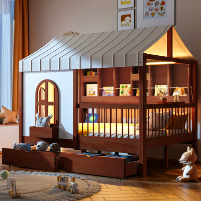 Full Size House Bed with 2 Large Drawers, Side Bookshelf with LED Strip, Espresso