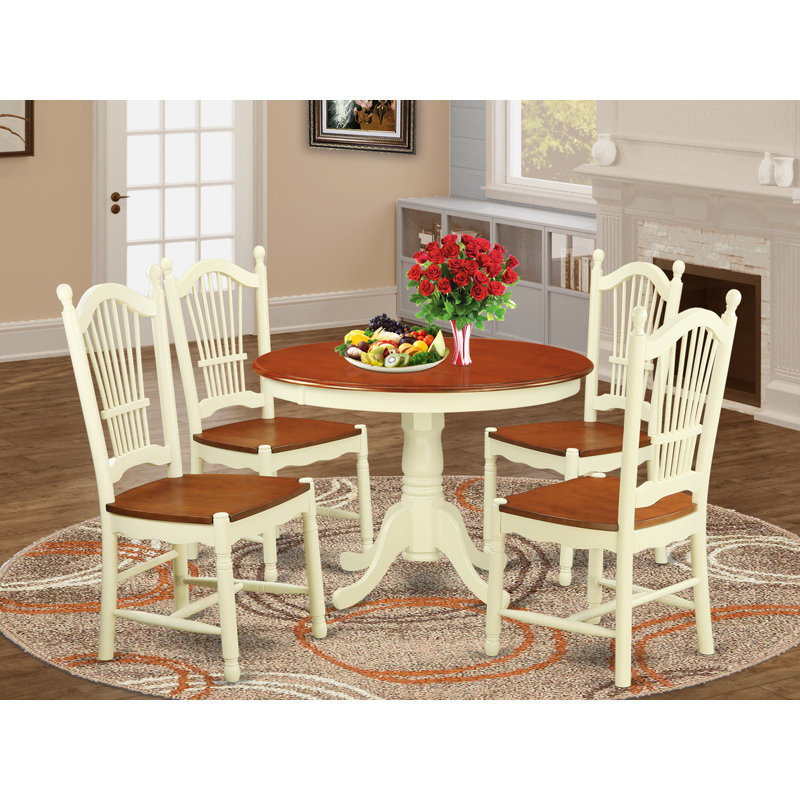 L'ensemble de table de salle à manger 5 pièces pour 4 personnes comprend une table de cuisine ronde avec piédestal et 4 chaises de cuisine, babeurre et cerise