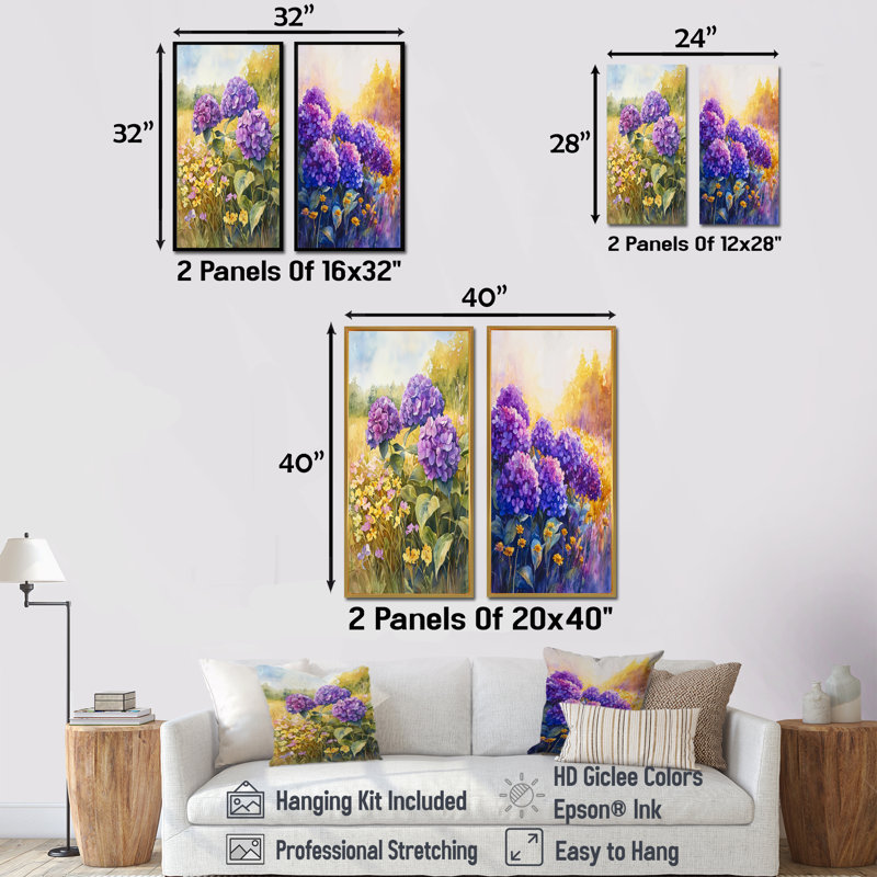 Hydrangeas In A Sunlit Field I - Floral Canvas Prints 2 Panels Collection, H 40 po x l 41 po, Cadre flottant blanc