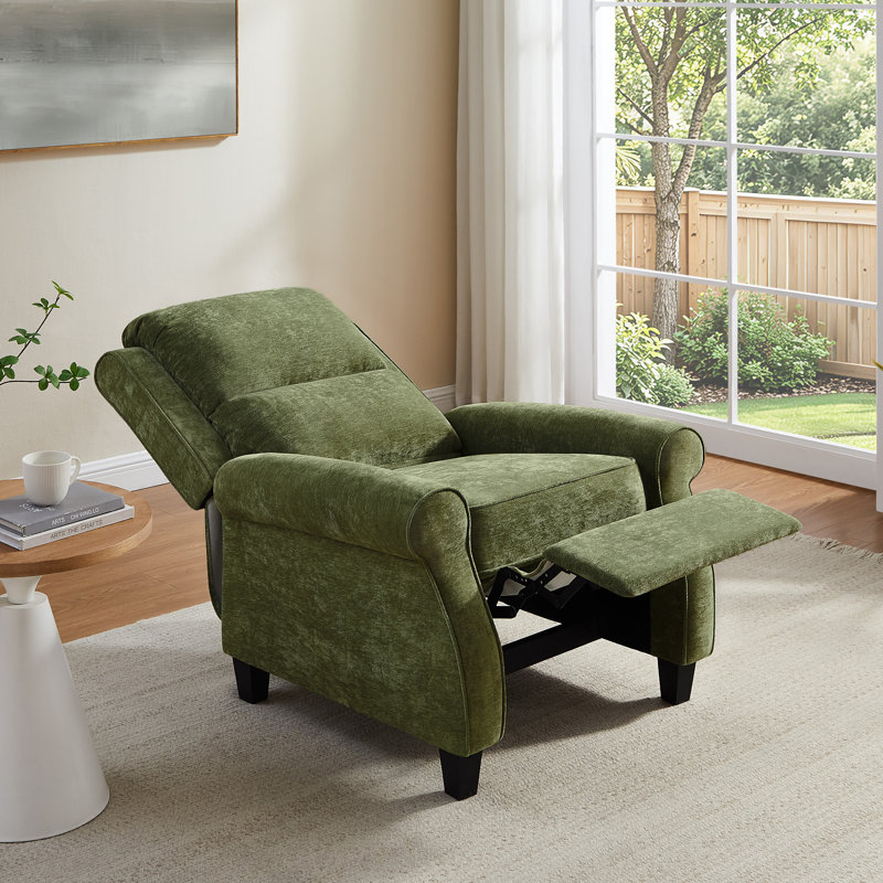 34.6’’ Push Back Recliner Chair With Adjustable Backrest & Footrest, Green Chenille
