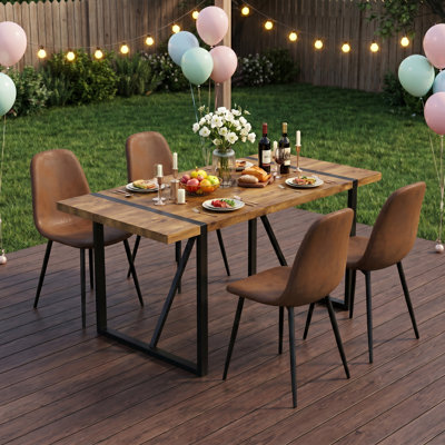 5-Piece Modern Rectangular Wood Dining Set with Geometric Metal Base and Upholstered Chairs
