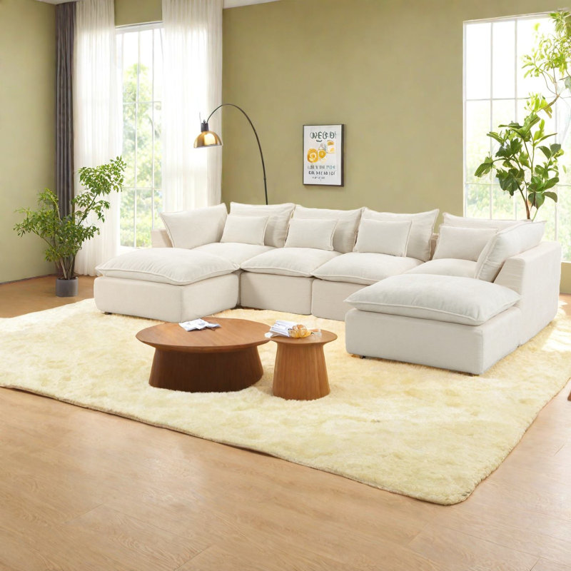 Grand canapé modulable, tissu en coton, 4 places avec 2 poufs, salon moderne