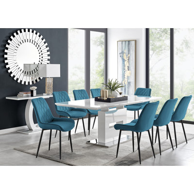Areza High Gloss Extendable Dining Table Set with 8 Luxury Velvet Dining Chairs