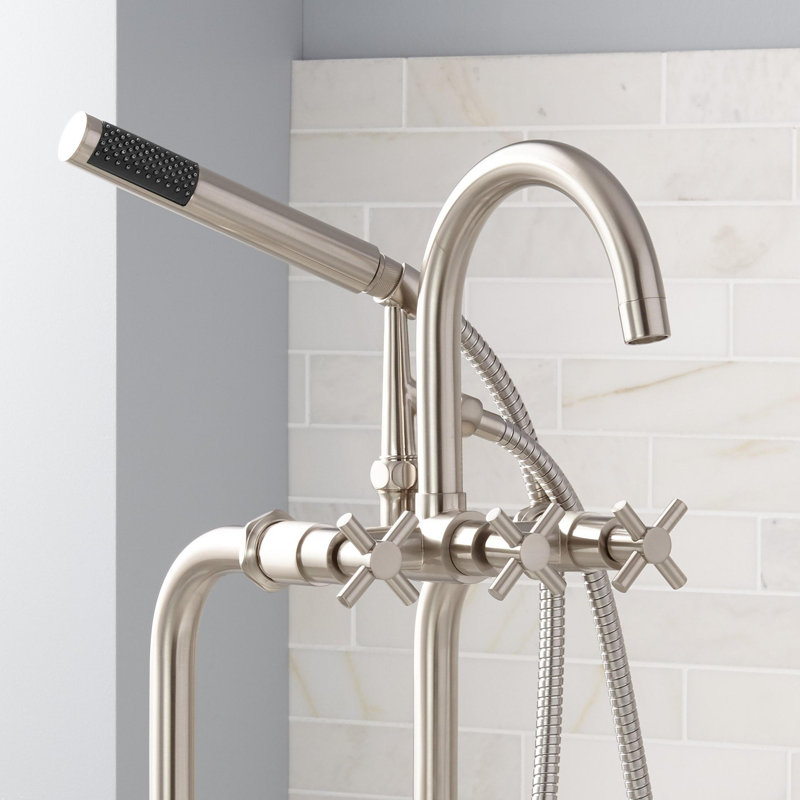 Sebastian Floor Mounted Tub Faucet with Cross Handles, Brushed Nickel