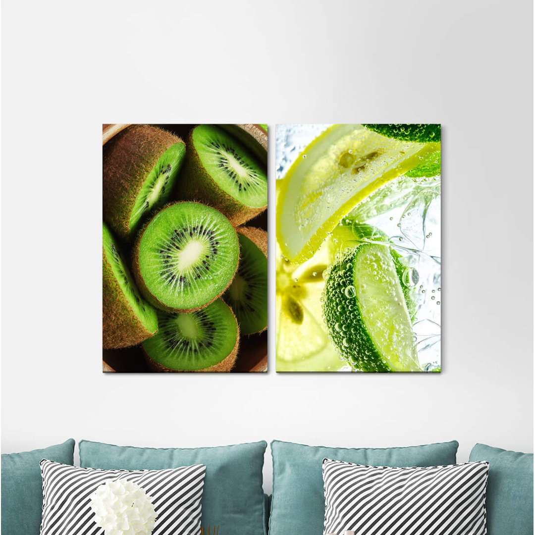 2-tlg. Leinwandbilder-Set - Fotografie „Kiwis Lemons Water Fresh Healthy Kitchen Fruits”