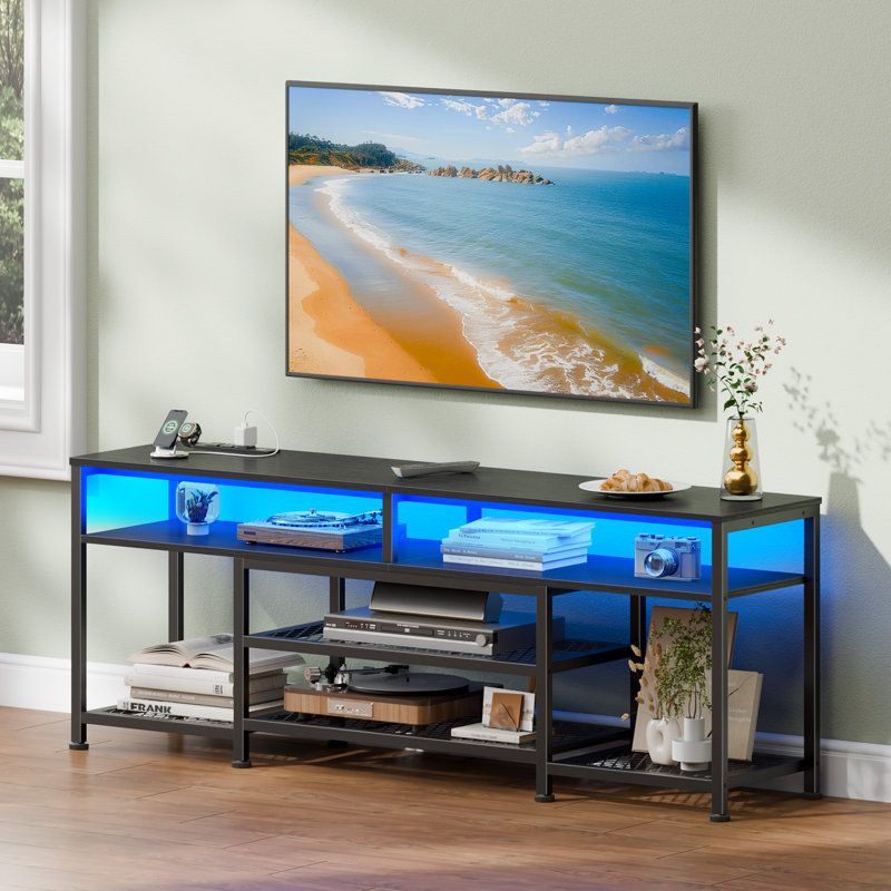 Media Console TV Stand with LED Lights & Charging Station, Storage Shelves Entertainment Center for Living Room & Bedroom