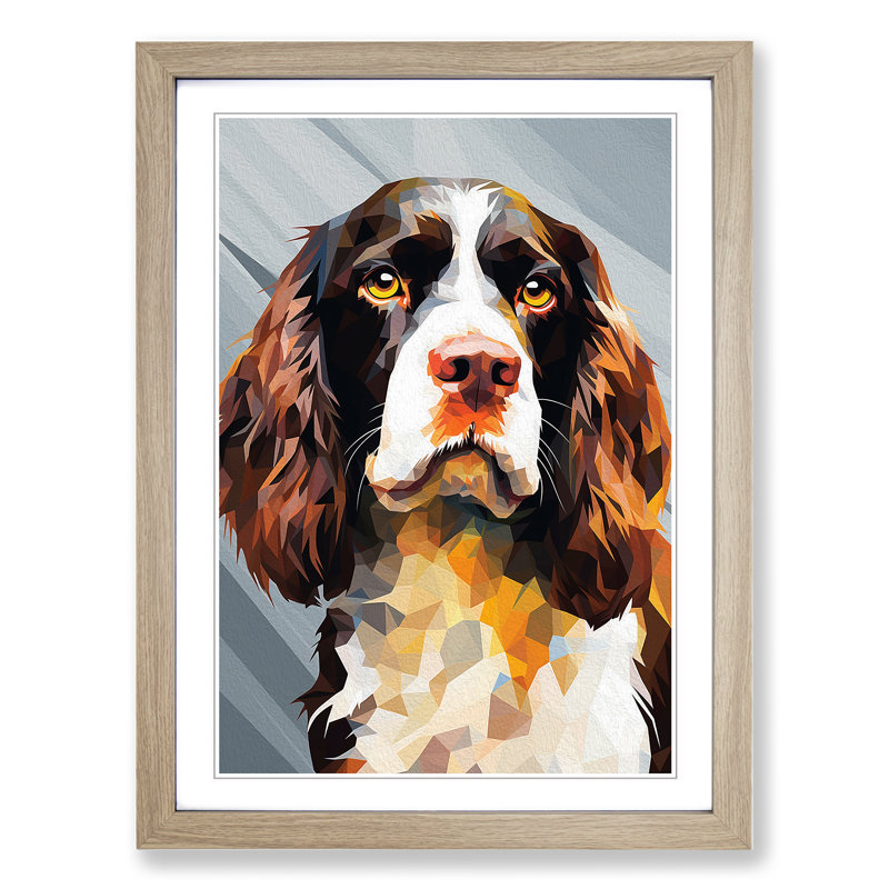 English Springer Spaniel Geometric No.2 - Single Picture Frame Print on Wood, Oak, 46cm H x 34cm W x 2cm D