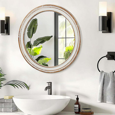 23.62 inches Round Wall Mirror for Bathroom Vanity, Wooden Farmhouse Circle Mirrors for Bedroom, Entryway, Living Room, Kithen Whitewash Edge Decorative Mirror for Home, Office