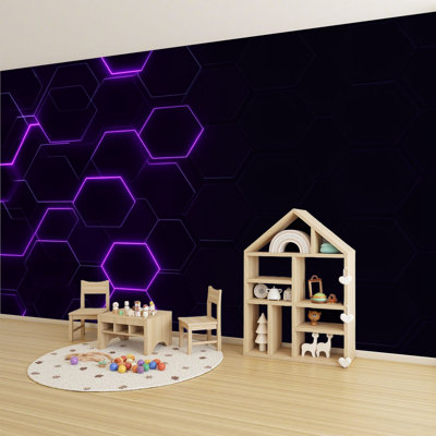 Papier peint adhésif pelez et collez, futuriste, néon, grille, mauve foncé, lignes lumineuses murales, H 100 po x l 144 po, papier mural amovible en PVC, autocollant, pour le salon de la chambre, bureau à domicile