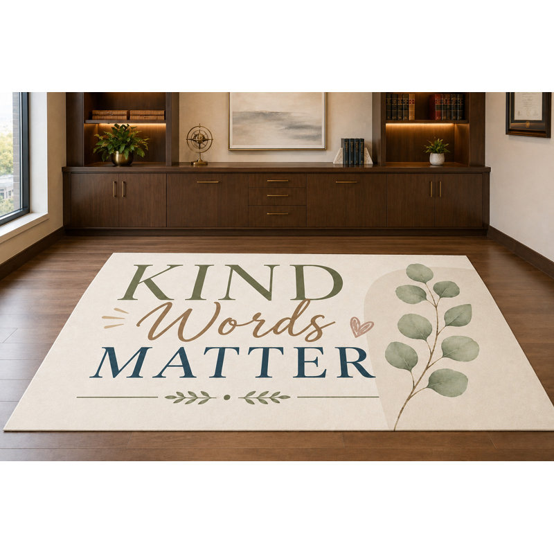 Tapis « Ultra Fin » 152 x 213 cm « Les mots gentils comptent » pour bureau de direction, salle d'étude, salon et bureau à domicile, moquette douce à poils courts avec envers antidérapant en silicone
