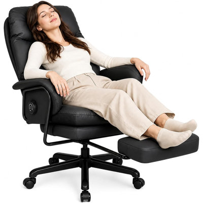 Reclining Office Chair with Footrest, 4-Position 180° Recliner Desk Chair with Lumbar Support, Adjustable Headrest for Home Office and Relaxation, Black