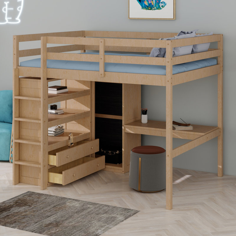 Lit mezzanine avec garde-robe intégré, bureau, tablettes de rangement et tiroirs, Noyer