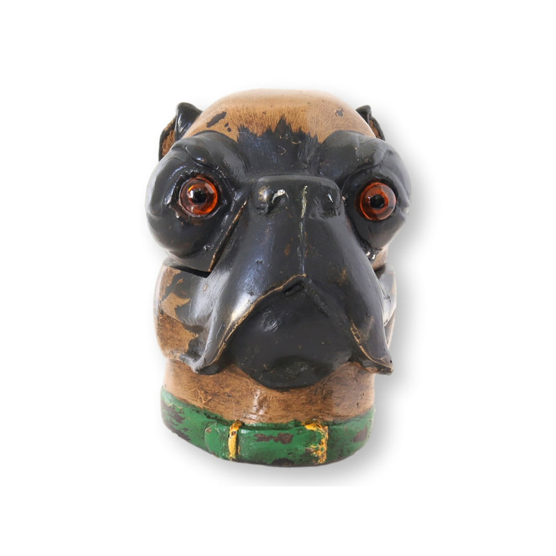 Encrier antique en métal peint à froid, yeux de verre