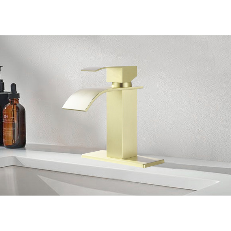 Robinet de lavabo de salle de bain à poignée simple avec magnifique cascade en or brossé - Acier inoxydable pour un magnifique bec éblouissant