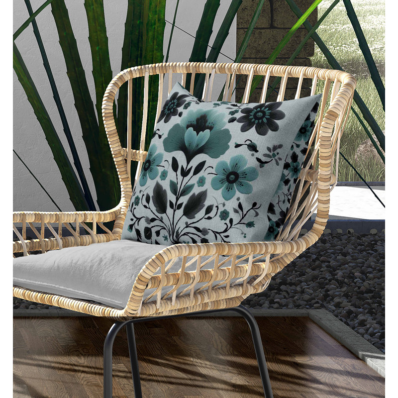 Oreiller intérieur / extérieur Rajasthan Bloom, Carré 16 po, Bleu / Vert