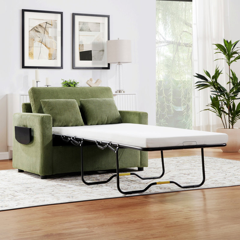 Canapé-lit avec matelas pliable, causeuse avec table d'appoint pliable et deux ports USB pour le salon, Vert