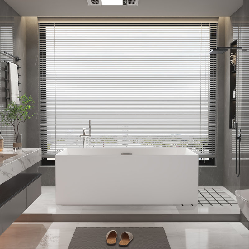 55” x 28.7” Freestanding Soaking Bathtub, Stand Alone & Back to Wall Corner Ractangular Tub, White