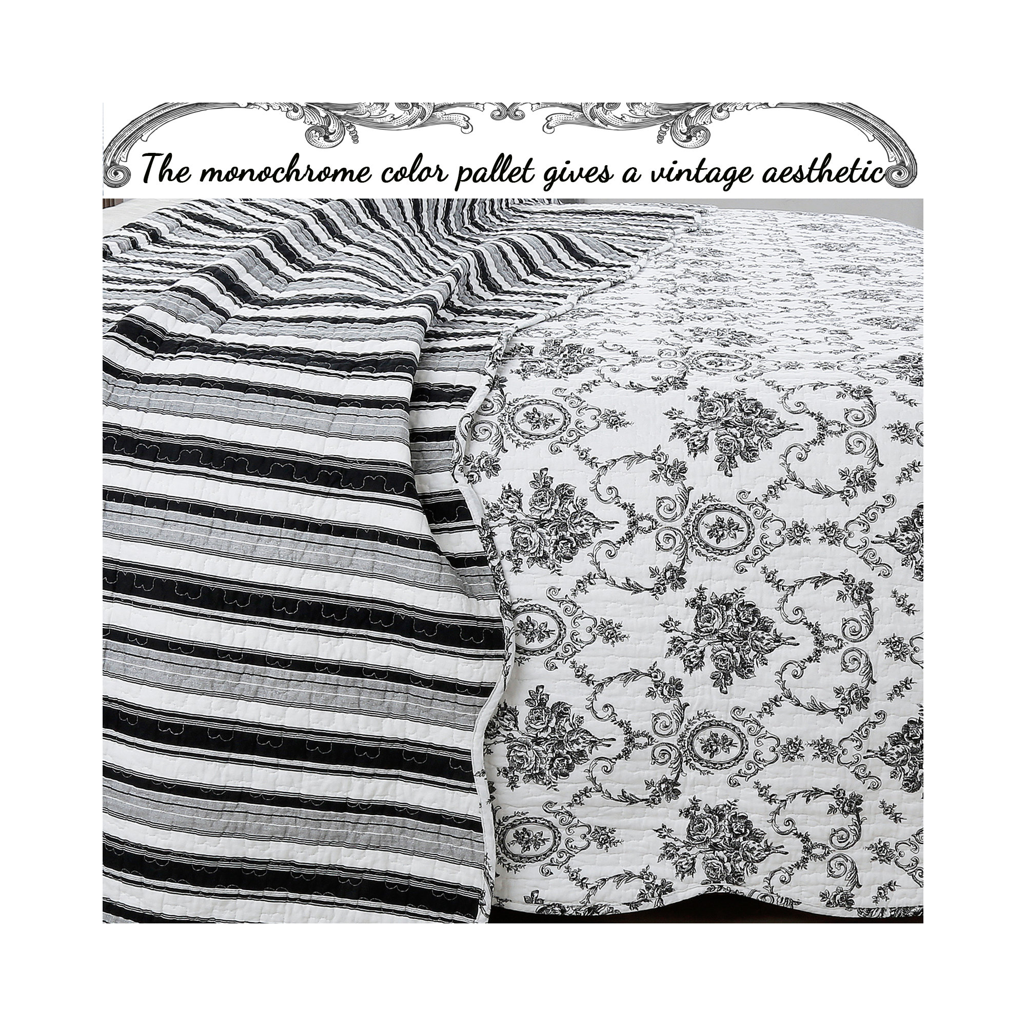French Medallion Cotton Quilt Set, Black, King Quilt + 2 King Shams