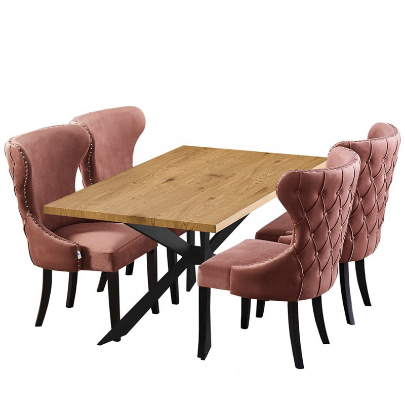 Bootle 4 Person Dining set - a Rectangular Wooden Dining Table with Metal Legs and a Set of 4 Quilted Velvet Dining Chairs for Dining Room - Modern Dining Table Set