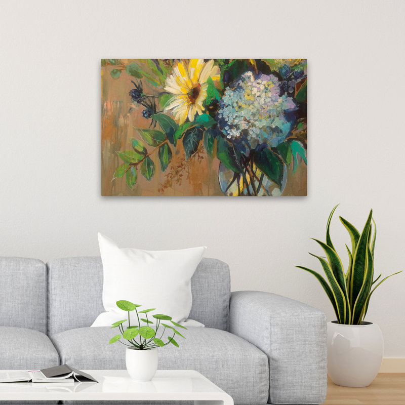 Art floral aux yeux de Susans et de verre bleu, H 24 po x l 36 po