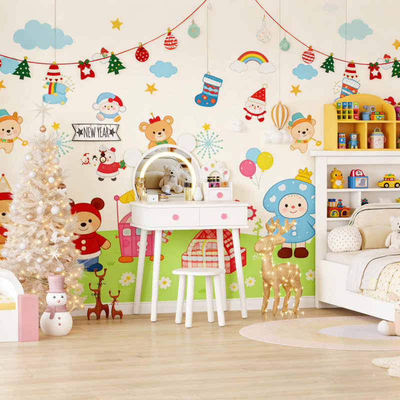 Table de coiffeuse en bois pour enfants avec lumières, tiroirs de rangement et tabouret, Blanc