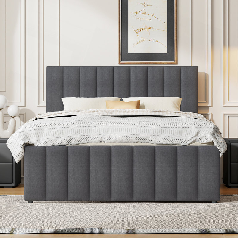 Lit plateforme double tapissier avec lit gigogne simple et 3 tiroirs, tissu en lin, gris