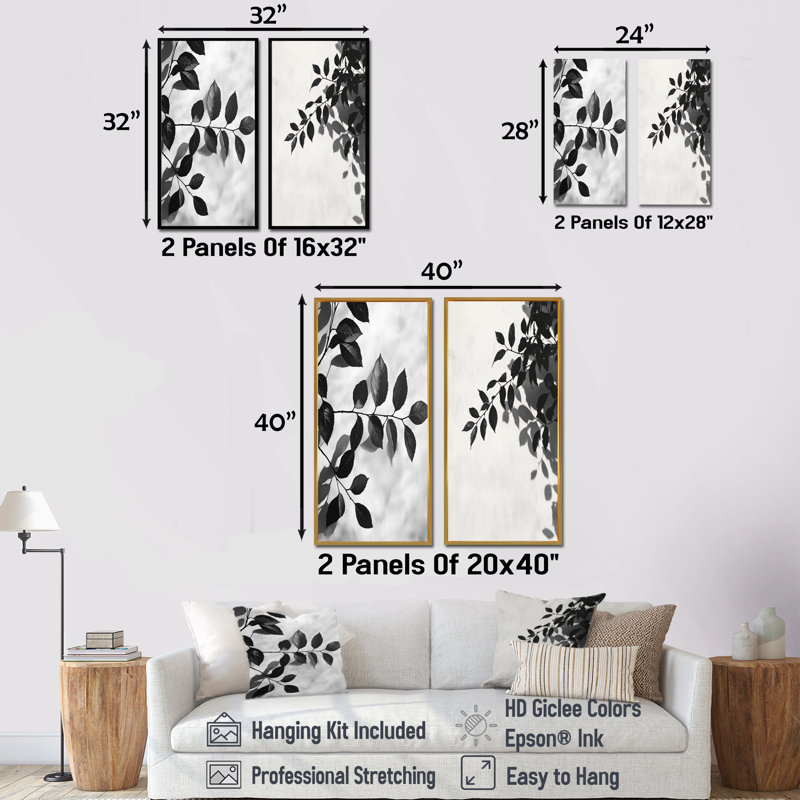 Feuilles noires, ombre silhouette I - art mural floral, collection 2 panneaux, H 40 po x l 41 po, Cadre flottant brun