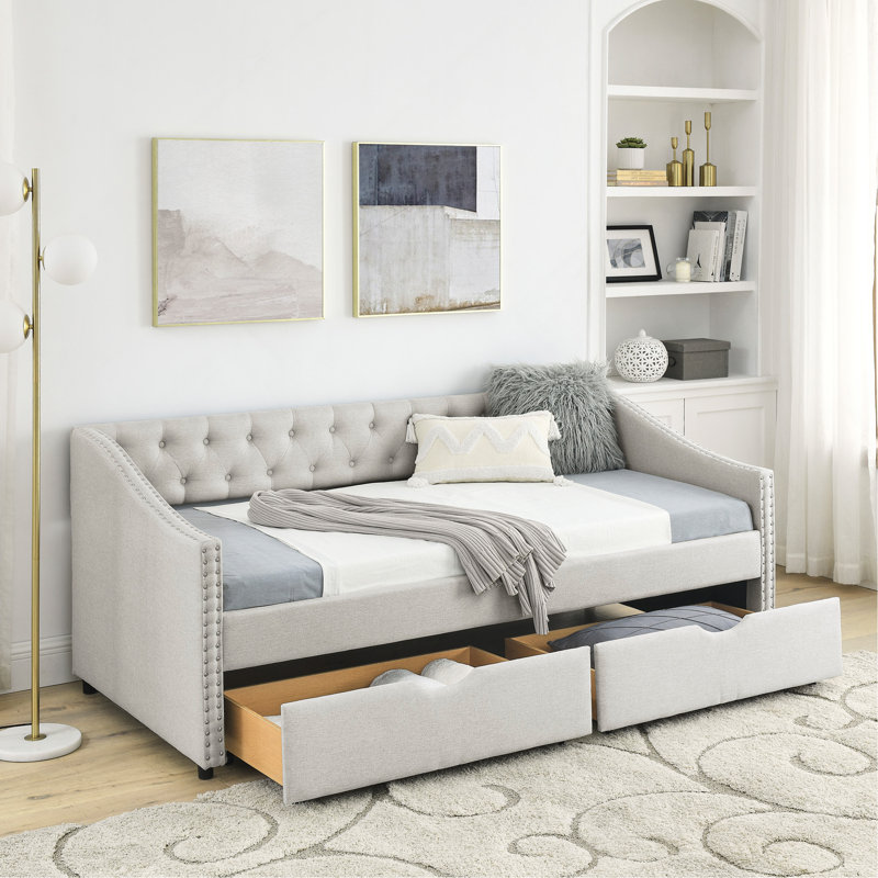 Twin Size Daybed With Drawers Upholstered Tufted Sofa Bed, With Button On Back And Copper Nail On Waved Shape Arms, Twin