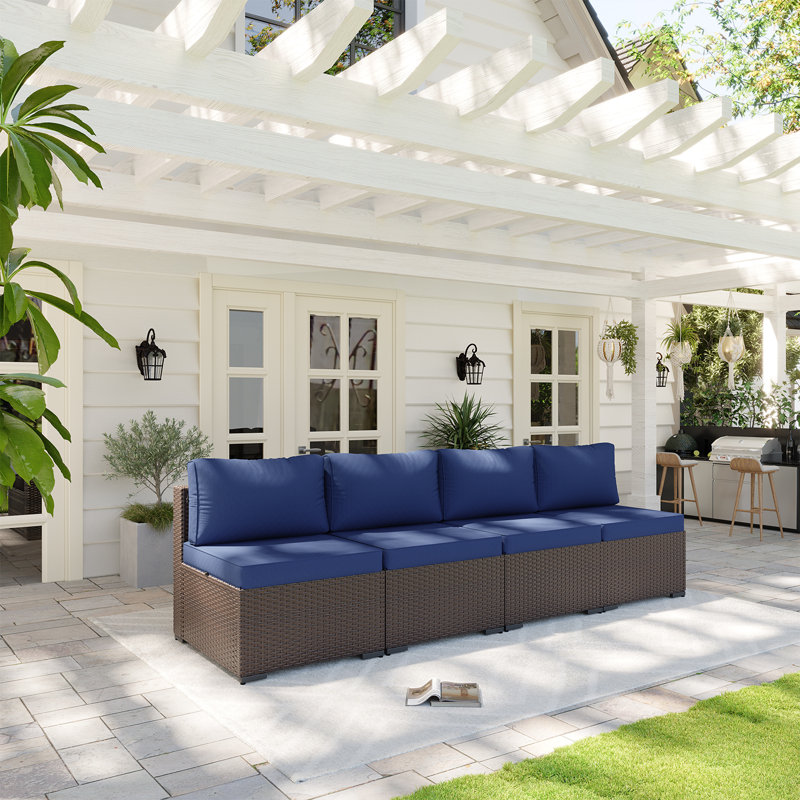 4 -Person Rattan Patio Safo With Cushions, Brown, Dark Blue
