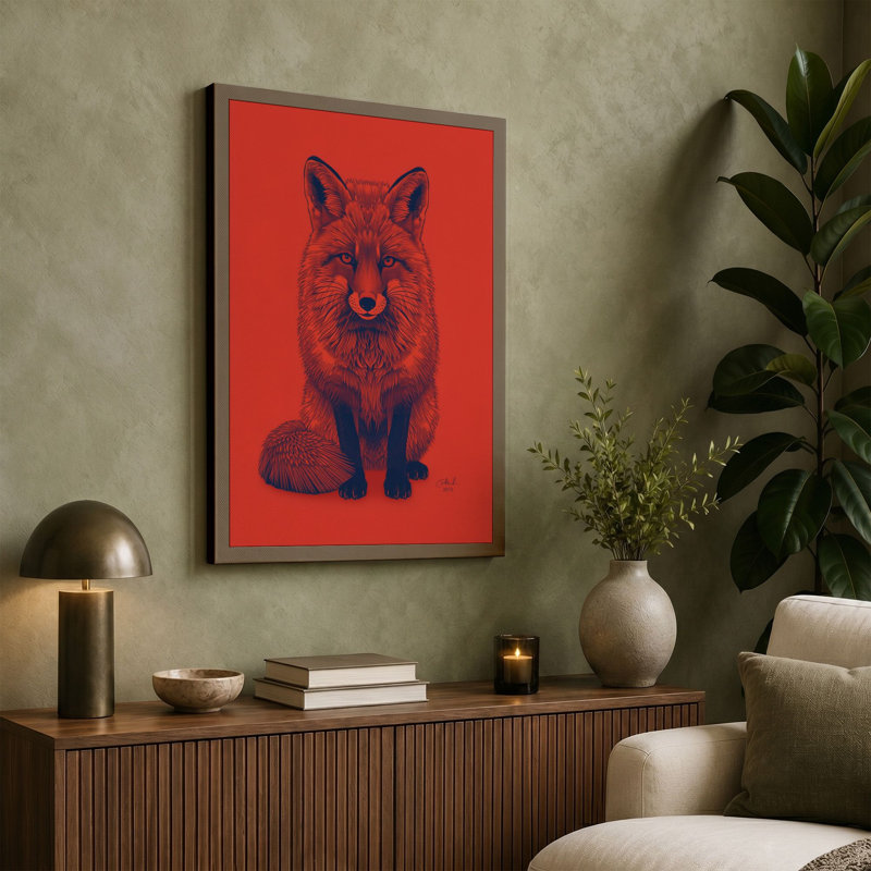 Confrontal Fox Modern - Wrapped Canvas, 18x12 - 45.7 x 30.5 cm, Teal Border