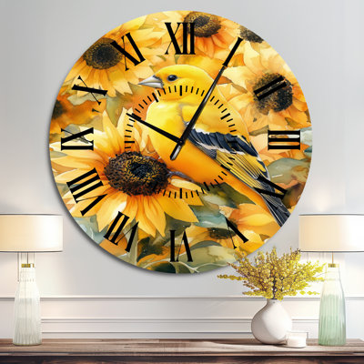 Chardonneret en tournesols - Grande horloge murale en métal