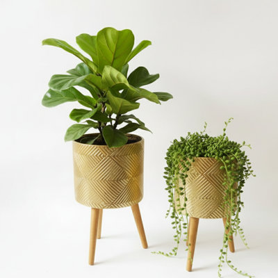 Rustic Gold Foil Metal Plant Pots Set With Stand For Fresh Or Artificial Plants, Indoor Home Office Decor, Gifts
