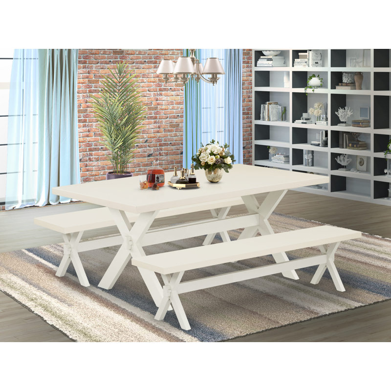Ensemble de salle à manger 3 pièces comprenant une table de salle à manger rectangulaire avec pieds en X et 2 bancs de table de cuisine, lin blanc